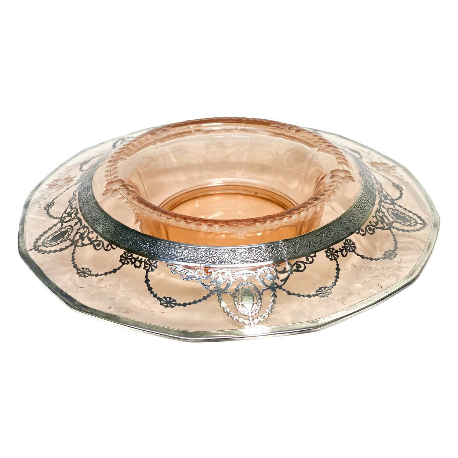 Bol de centre de table de style bohème ou américain en verre d'art corail recouvert d'argent sterling en vente