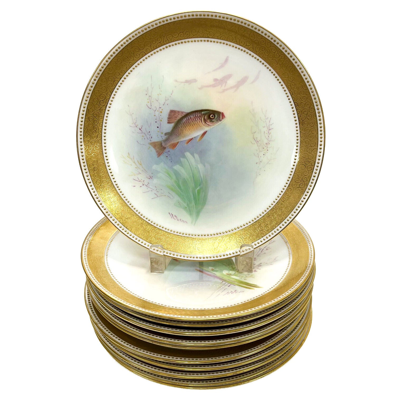 Set of 11 Minton England Porcelain Hand Painted Fish Cabinet Plates, circa 1905 For Sale