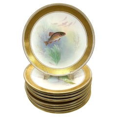 Set of 11 Minton England Porcelain Hand Painted Fish Cabinet Plates, circa 1905