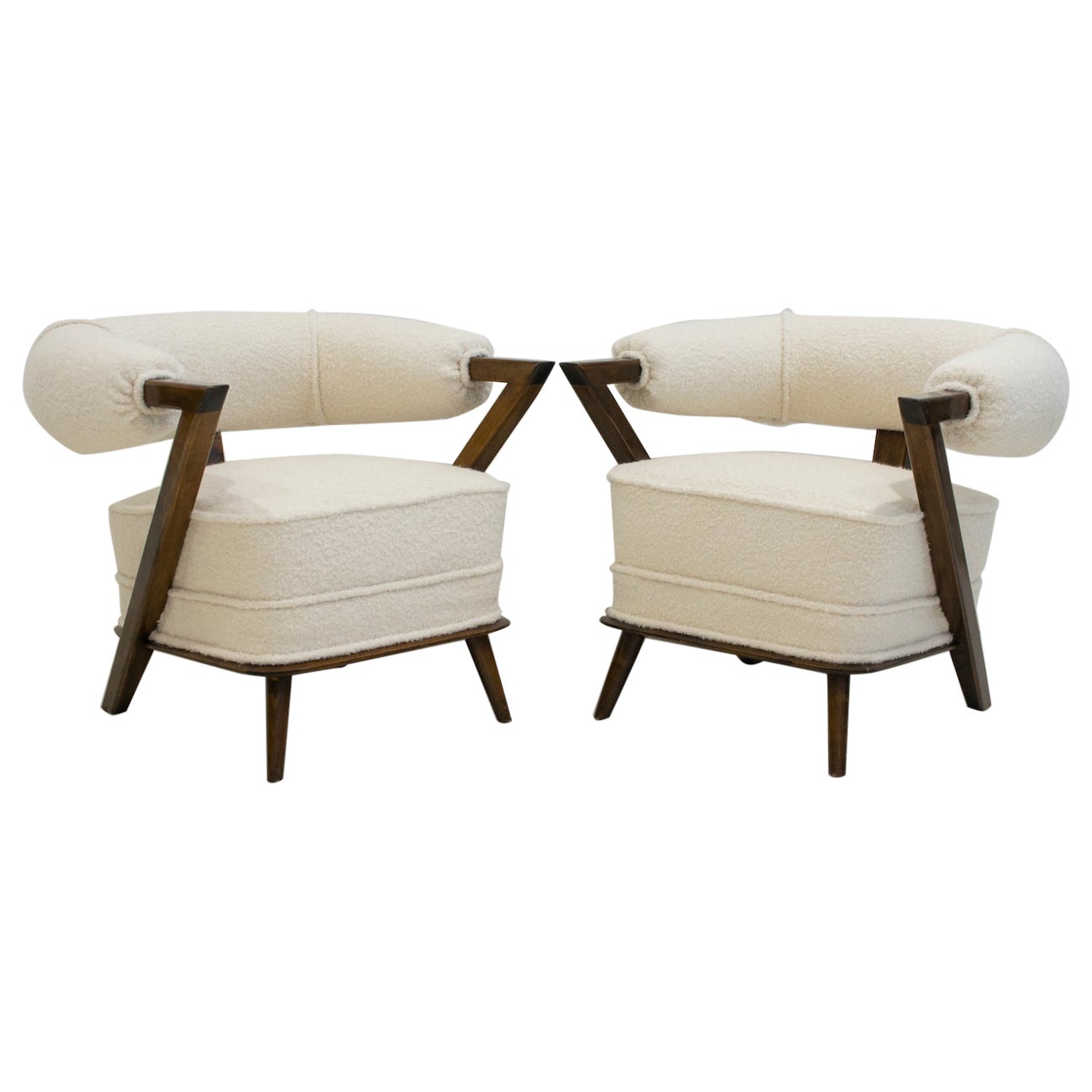 Paar weiße Boucle-Sessel mit Boucle-Bezug im Art-déco-Stil