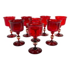 Vintage Set of 8 Venetian Cranberry Red & Gold Fleck Art Glass Wine Goblets, Salviati