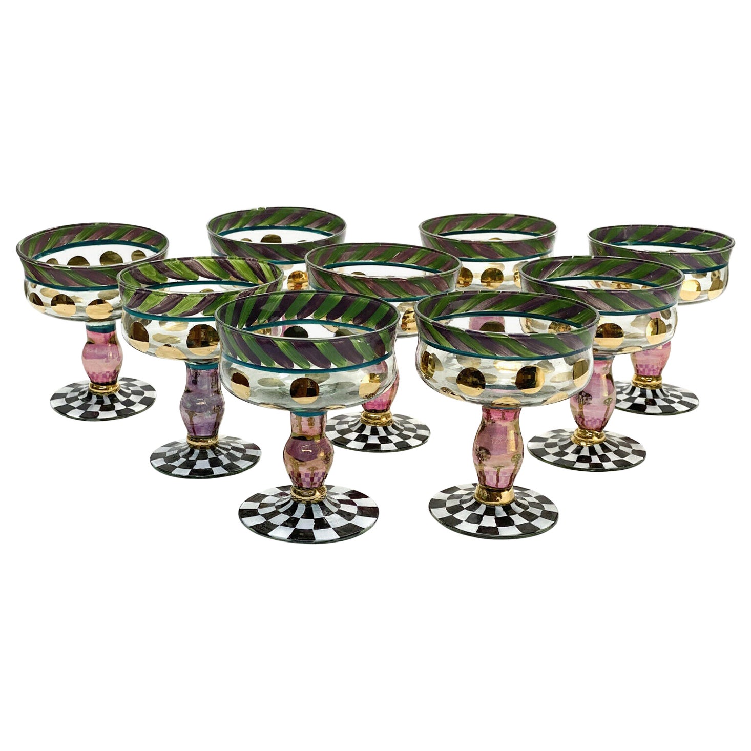 9 Mackenzie Childs Glass Champagne Saucers Sherbet Goblets in Circus Everydae For Sale