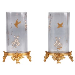 Pair of "Japonisme" Baccarat Crystal and Gilded Bronze Vases, France, circa 1880
