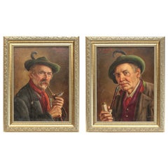 Antique Pair of Walter Roessler Oil on Board Portrait Paintings, Elder Men