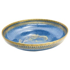 Royal Worcester England Powered Blue Porcelain Gilt Dragon Bowl, 1918