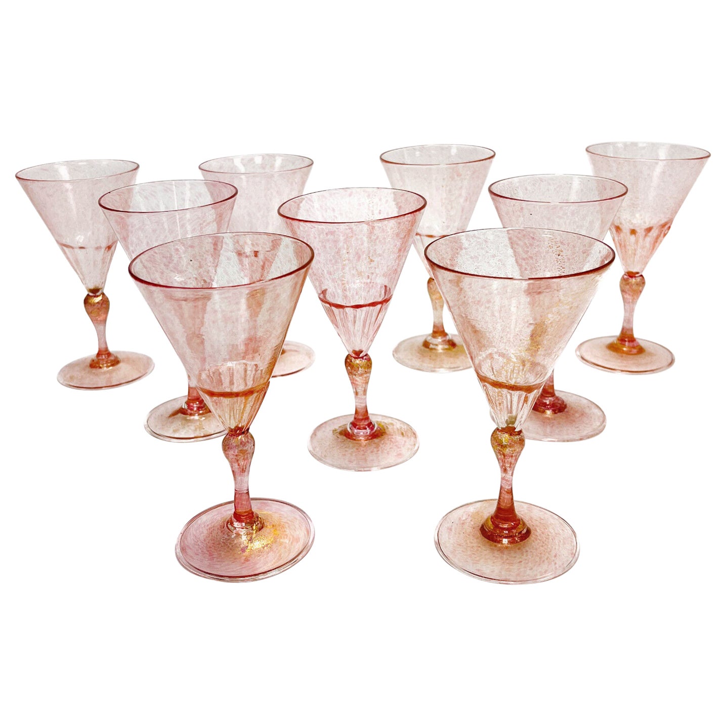Set of 9 Venetian Cranberry Art Glass and Gold Fleck Wine Goblets