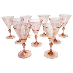Vintage Set of 9 Venetian Cranberry Art Glass and Gold Fleck Wine Goblets