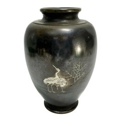 Japanese Mixed Metal Bronze and Silver Vase, Storks, Likely Meiji Period