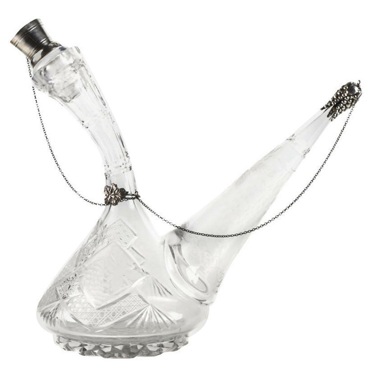 Spanish .915 Silver and Crystal Wine Decanter w Sterling Silver Overlay