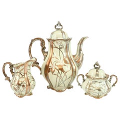 3 pièces Cafetière Hertel Jacob Bavaria Allemagne à pieds en porcelaine argentée sur cuivre