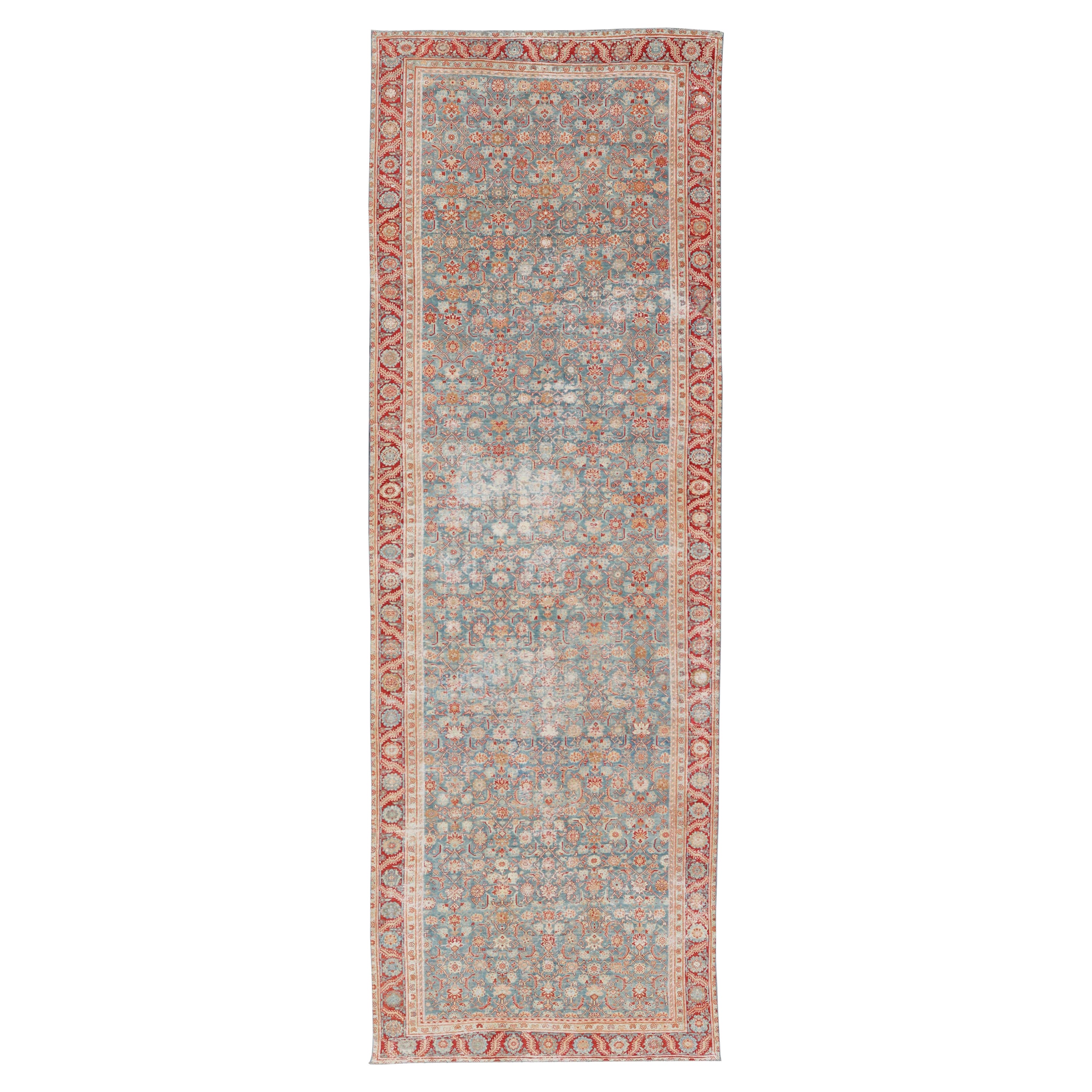 Antique Persian Malayer Gallery Rug with All over Design in Blue's and Red For Sale