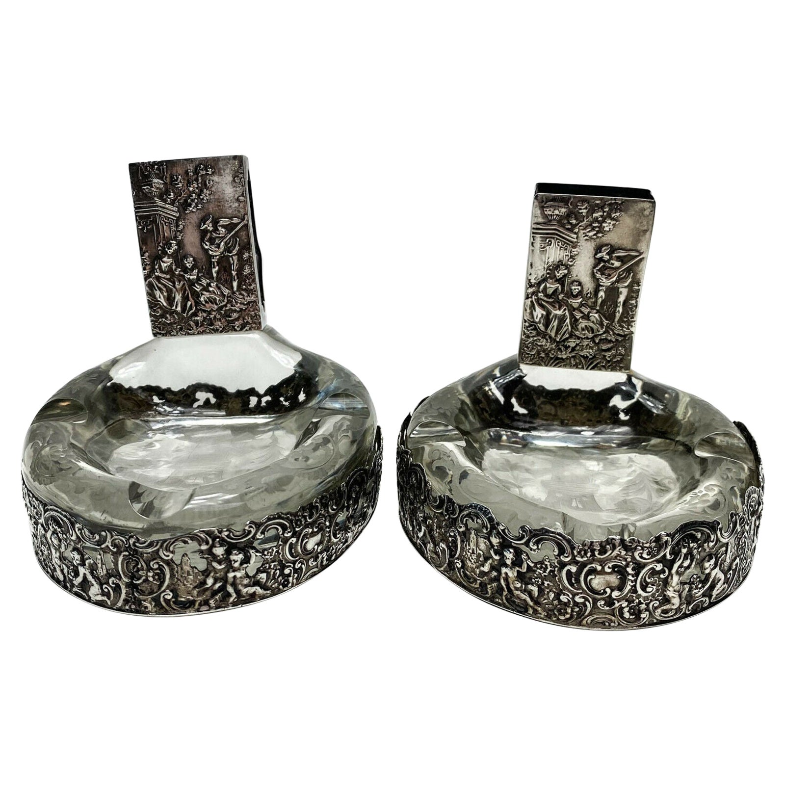 Pair of German 800 Silver Overlay Glass Ashtrays and Match Box Horseshoe