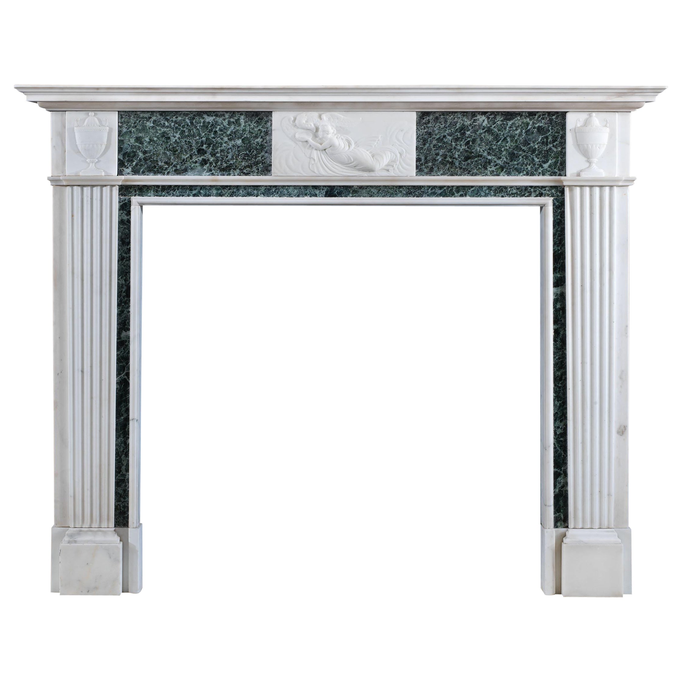 Neo-Classical White and Green Marble Fireplace Mantel For Sale