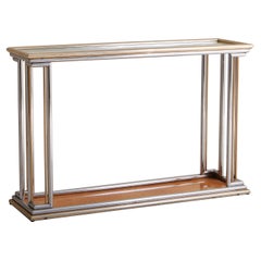 Chrome + Brass Console Table with Burl Wood Base, Italy 20th Century