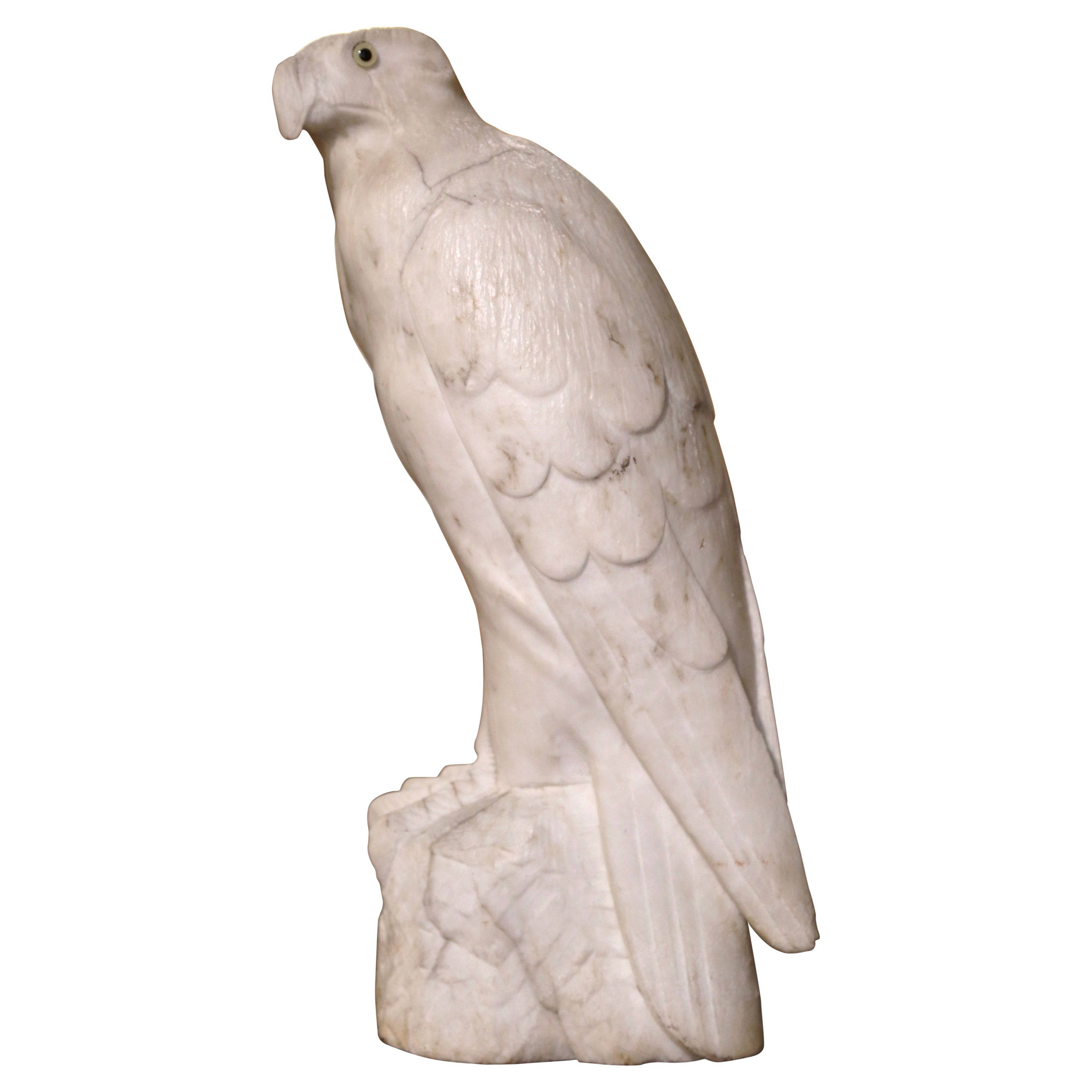 19th Century French Carved White Marble Eagle Sculpture with Glass Eyes