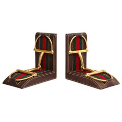 Vintage Gucci Bookends, Leather, Brass, Horsebit, Signed