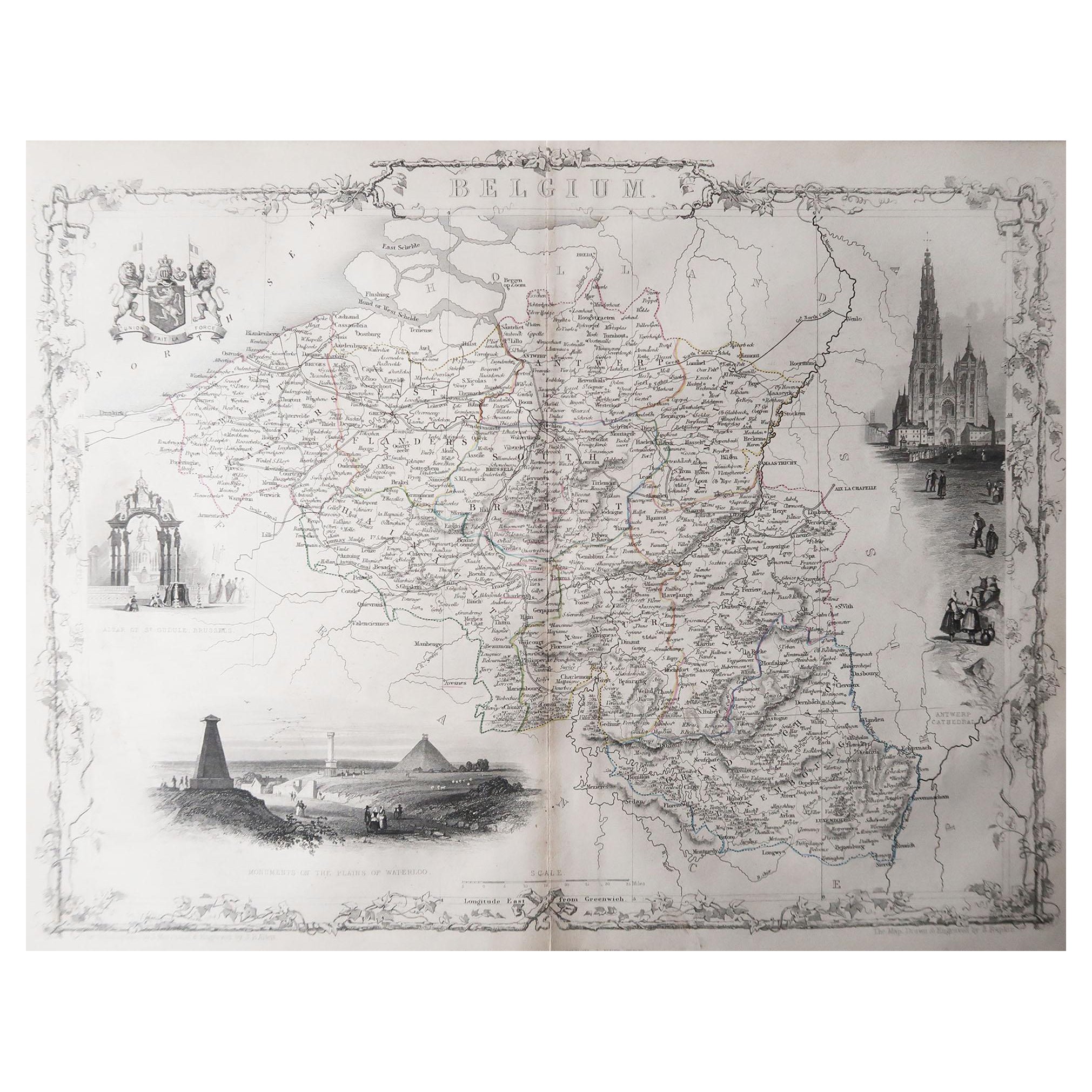 Carte ancienne originale de Belgique par Tallis, datant d'environ 1850