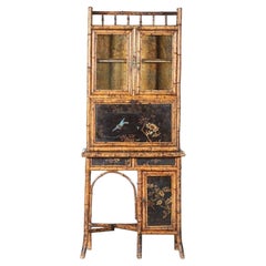 English 19th C Chinoiserie Lacquer Glazed Bamboo Secretaire