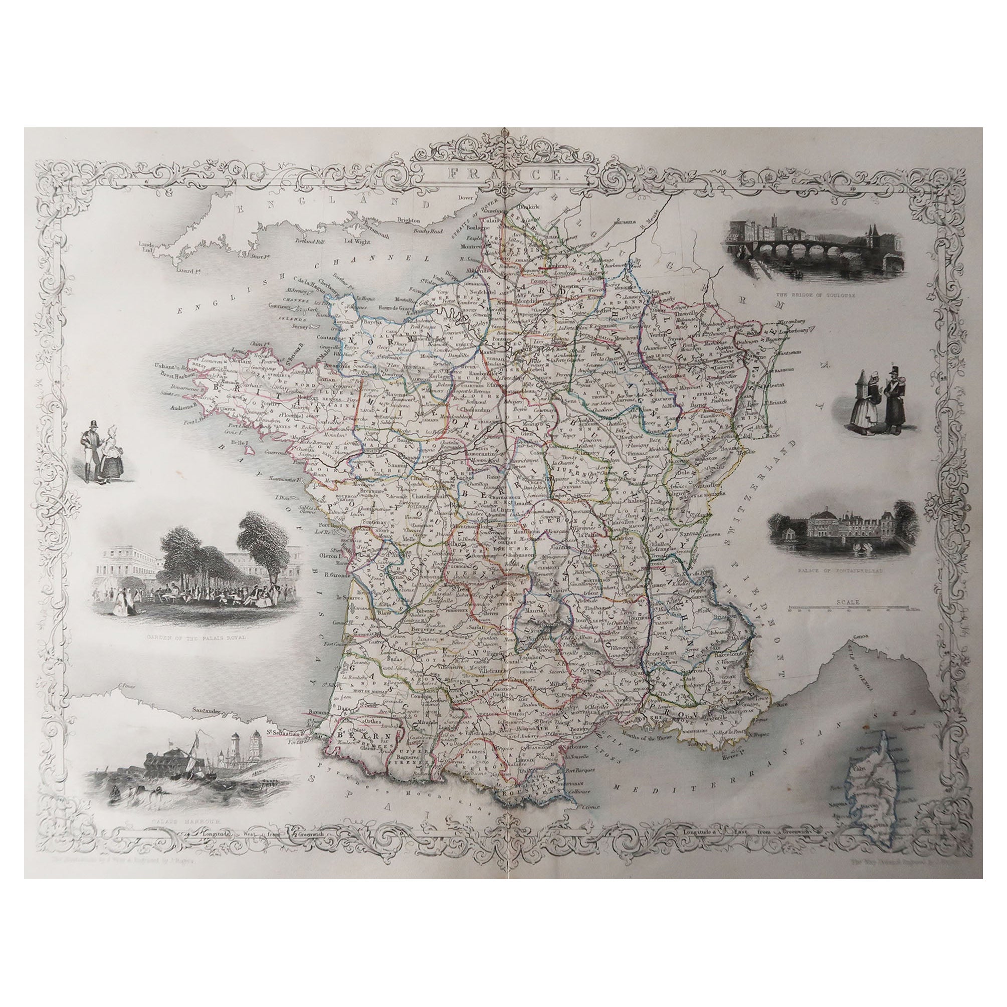 Original Antique Map of France by Tallis, Circa 1850