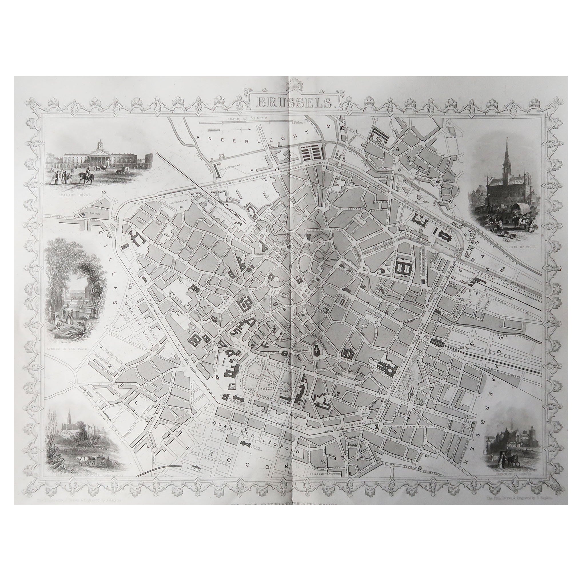 Antike antike Karte / Stadtplan von Brüssel von Tallis, um 1850