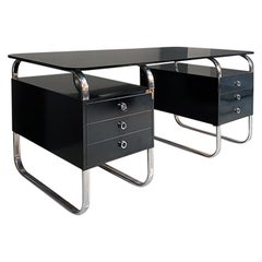 Italian Modern Wood Smoked Glass Metal Office Desk with Chest of Drawers, 1980s