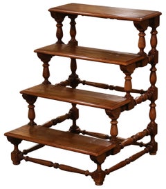 Vintage Mid-Century French Louis XIII Carved Walnut Four-Stair Library Step Ladder