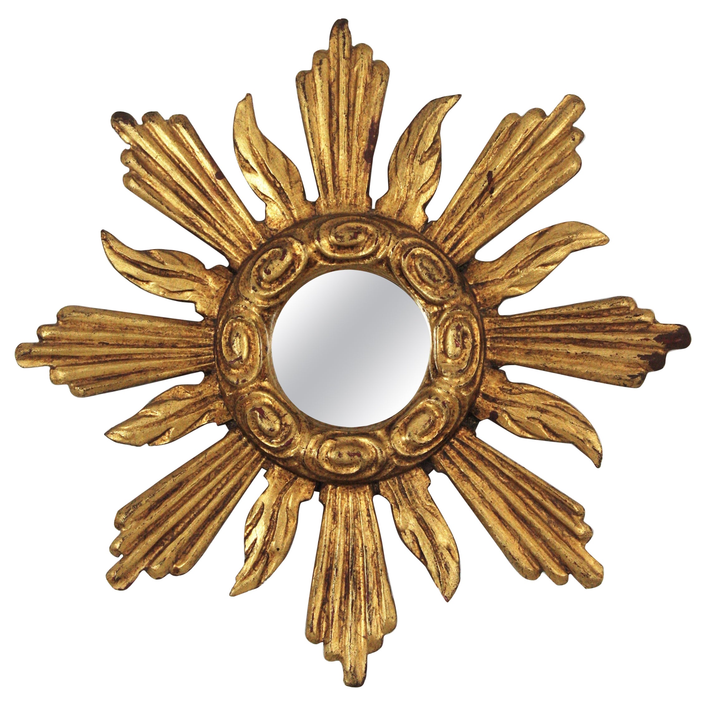 Spanish Baroque Sunburst Giltwood Mirror in Small Scale