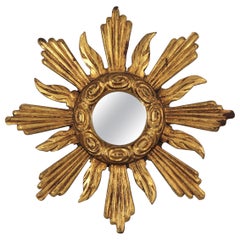 Miroir baroque espagnol Sunburst en bois doré à petite échelle