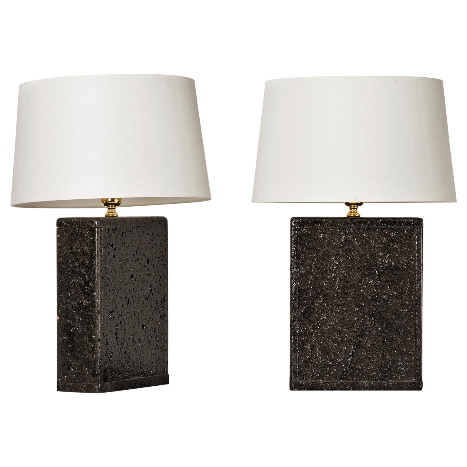 Pair of Deep Black Glazed Lava Stone Table Lamps, France, 1970's