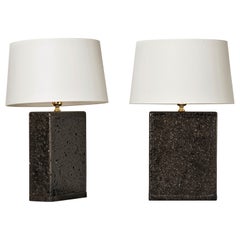 Pair of Deep Black Glazed Lava Stone Table Lamps, France, 1970's