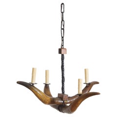 Spanish Cow Horn and Wrought Iron 4-Light Chandelier, Early 2ndq 20th Cen.