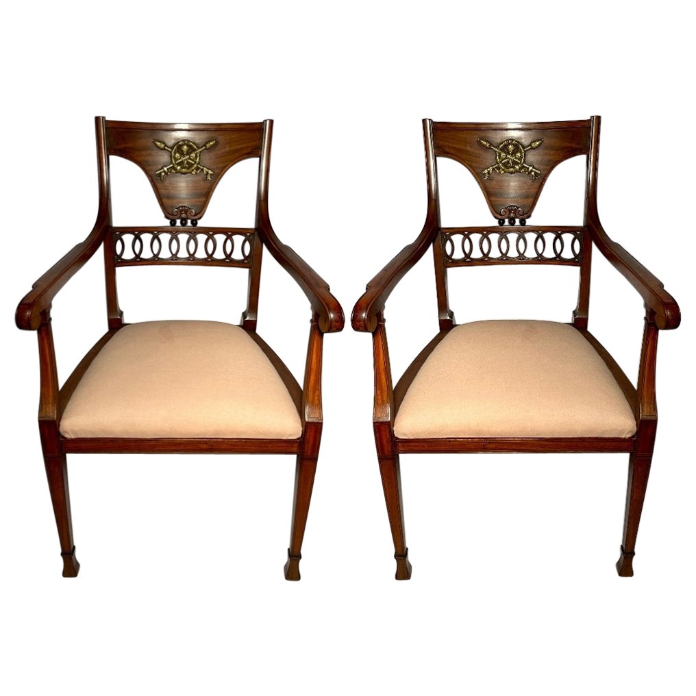 Pair Antique English Walnut Armorial Arm Chairs, Circa 1890's For Sale