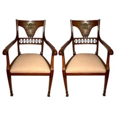 Pair Antique English Walnut Armorial Arm Chairs, Circa 1890's