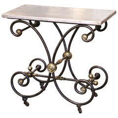Antique Mid-19th Century French Polished Iron and Bronze Marble Top Pastry Table 