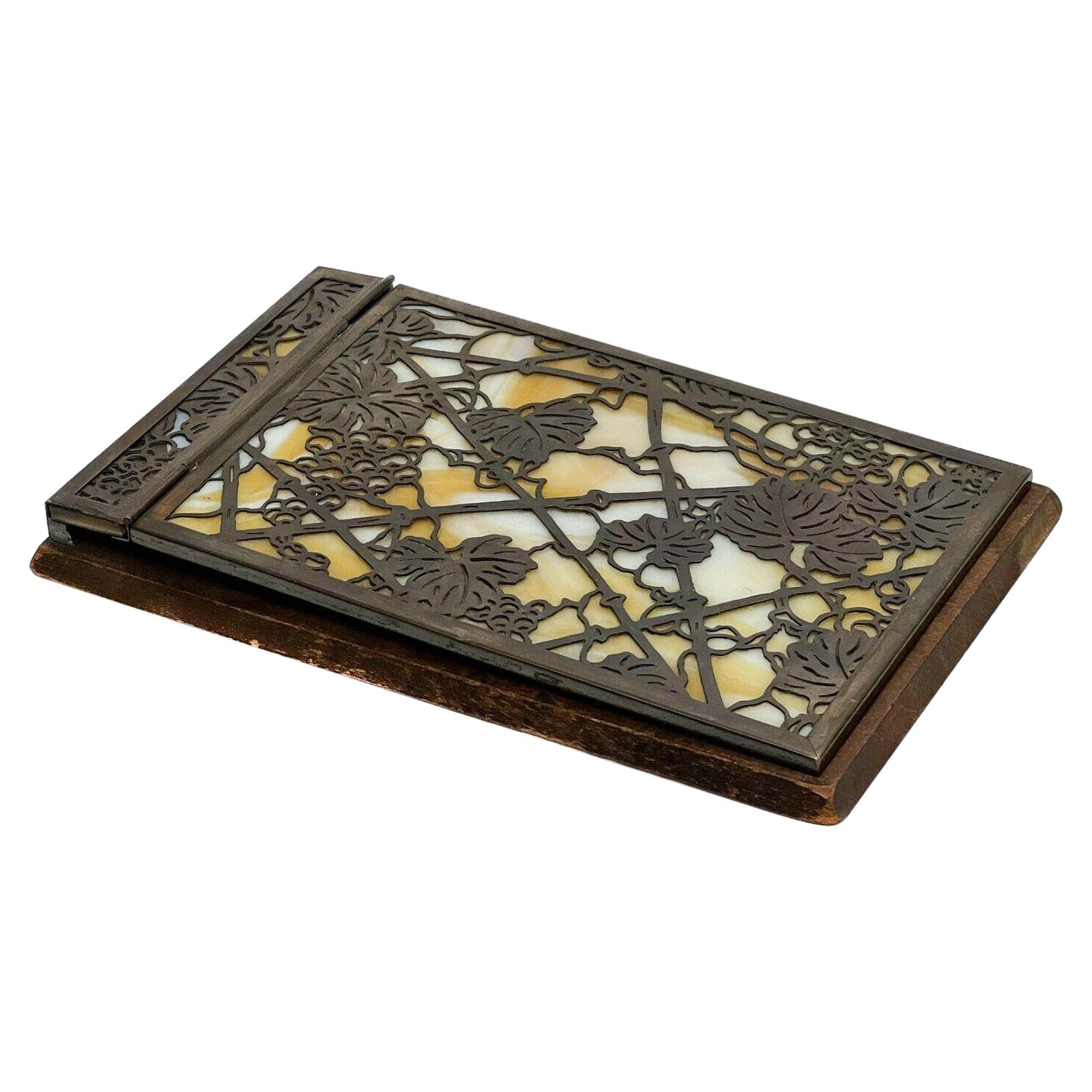 Tiffany Studios Grapevine Glass, Patinated Bronze Wood Back Notepad Holder #1022