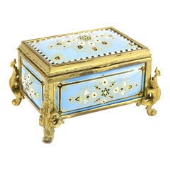 French Gilt Bronze & Porcelain Jewelry Box, Powder Blue & Raised Floral Enamel