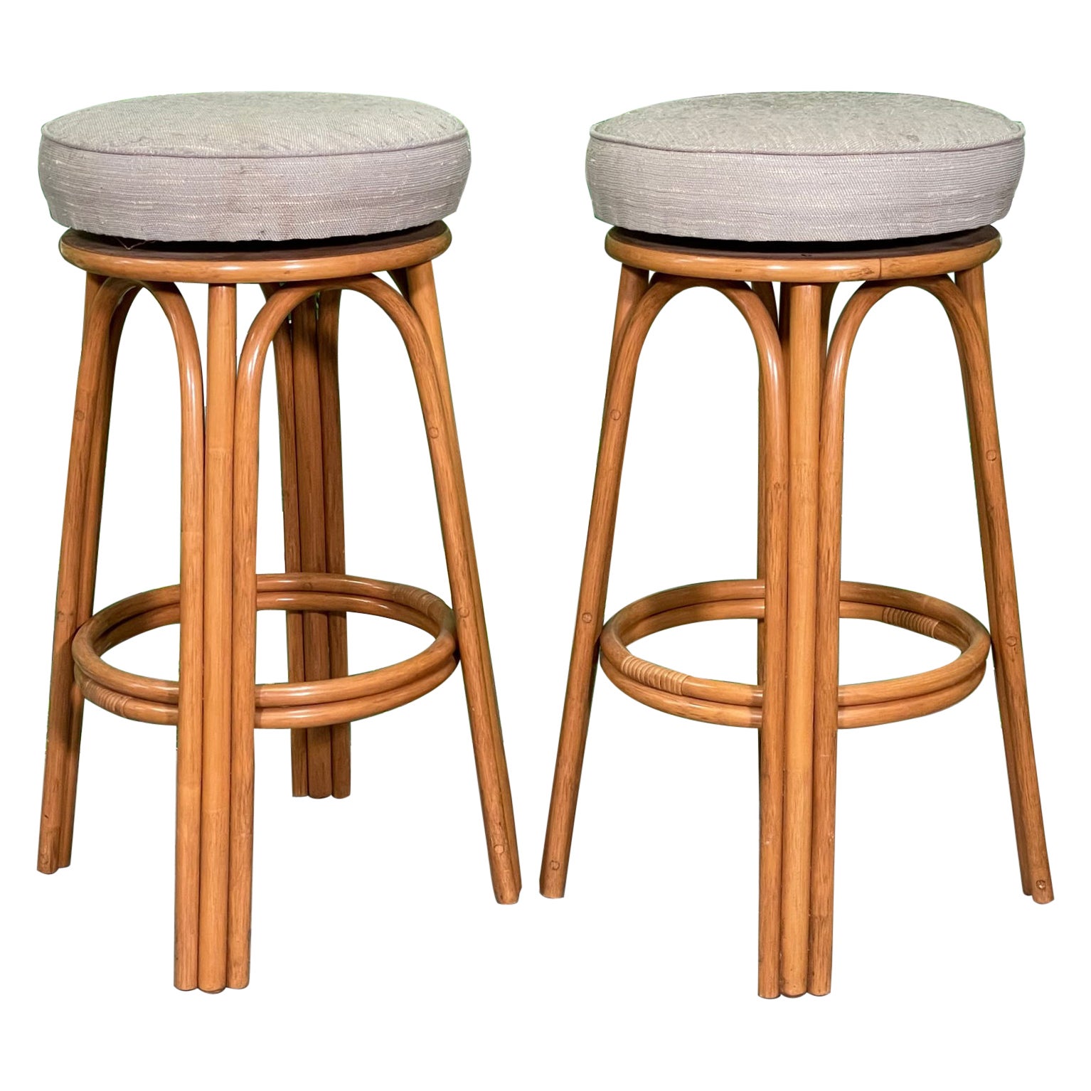 Rattan Swivel Upholstered Bar Stools, a Pair For Sale