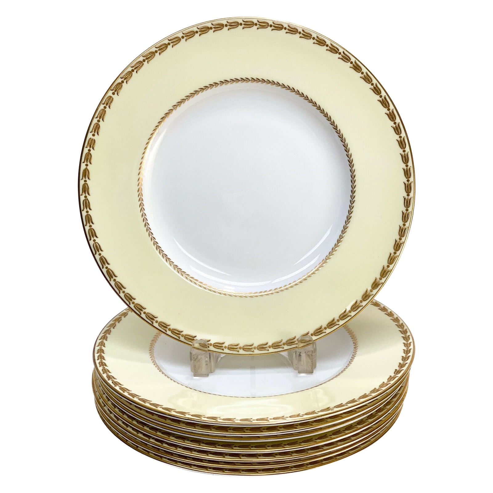 8 Royal Worcester England Porcelain & Gilt Empire Style Dinner Plates, 1940 For Sale