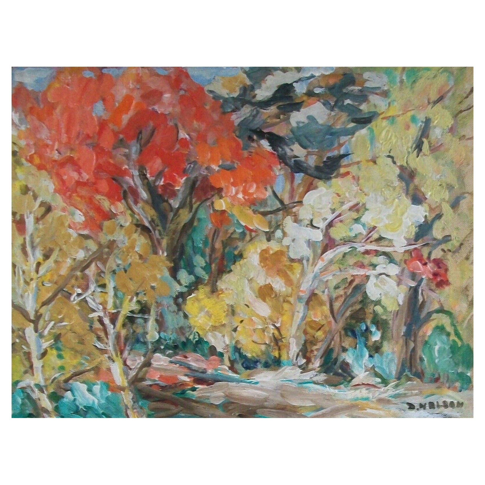D. Nelson, Expressionist Oil Painting on Panel, Signed, Canada, circa 1950's For Sale