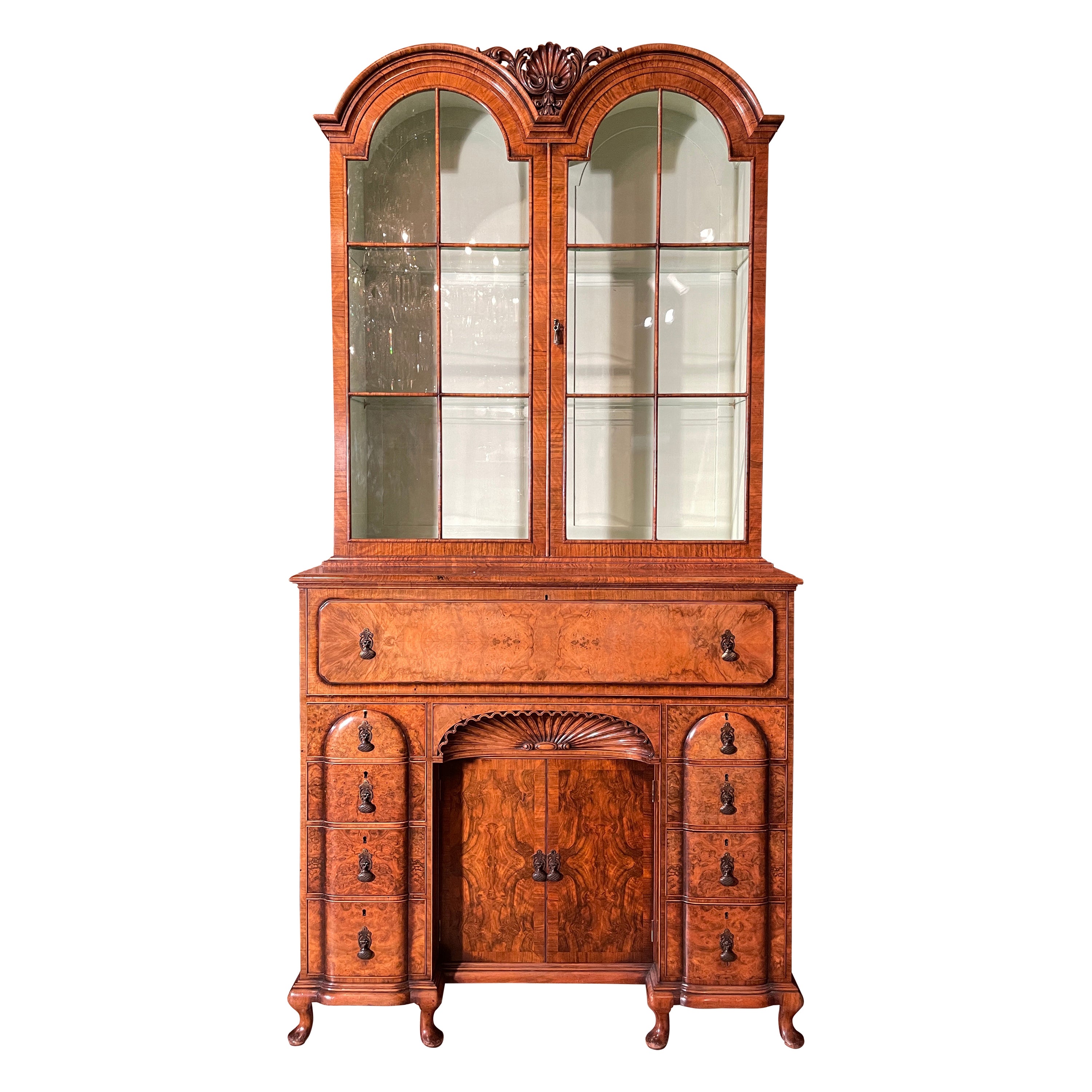 Antique English Walnut Glass-Front Secretary Bookcase, Circa 1880-1890