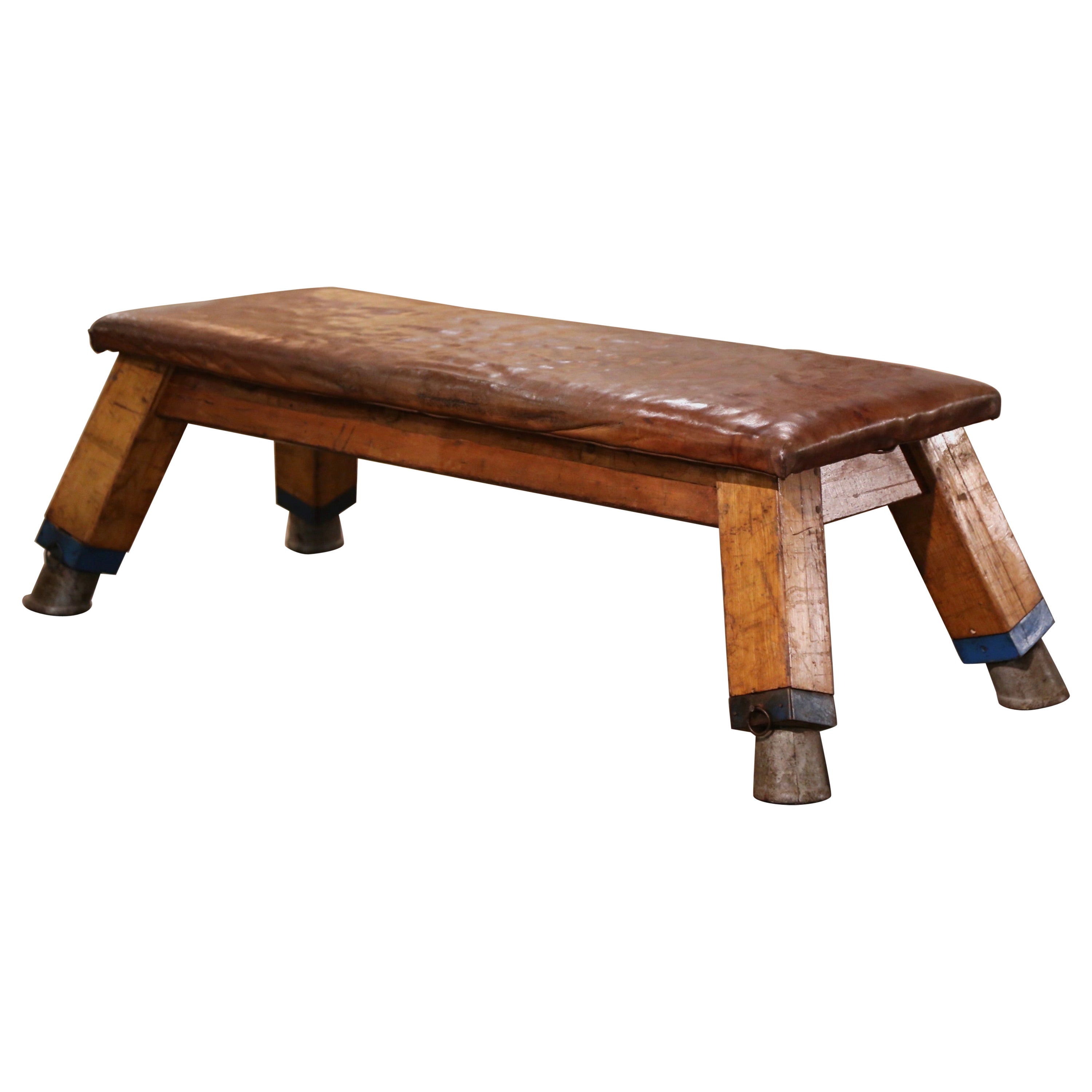 Early 20th Century Czech Tan Leather Top Pine Four-Leg Workout Training Bench