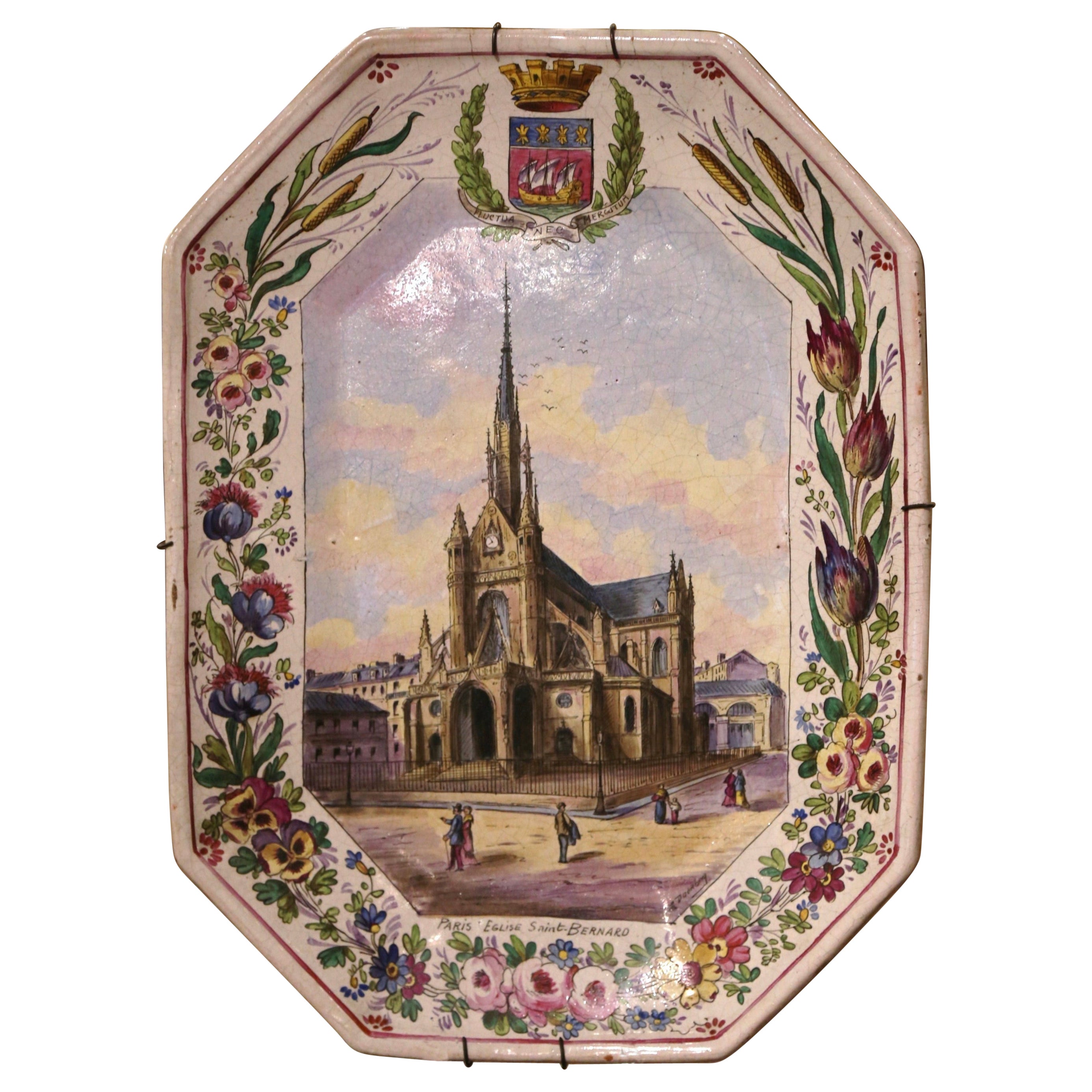 19th Century French Hand Painted Faience Wall Platter "Eglise St Bernard Paris"