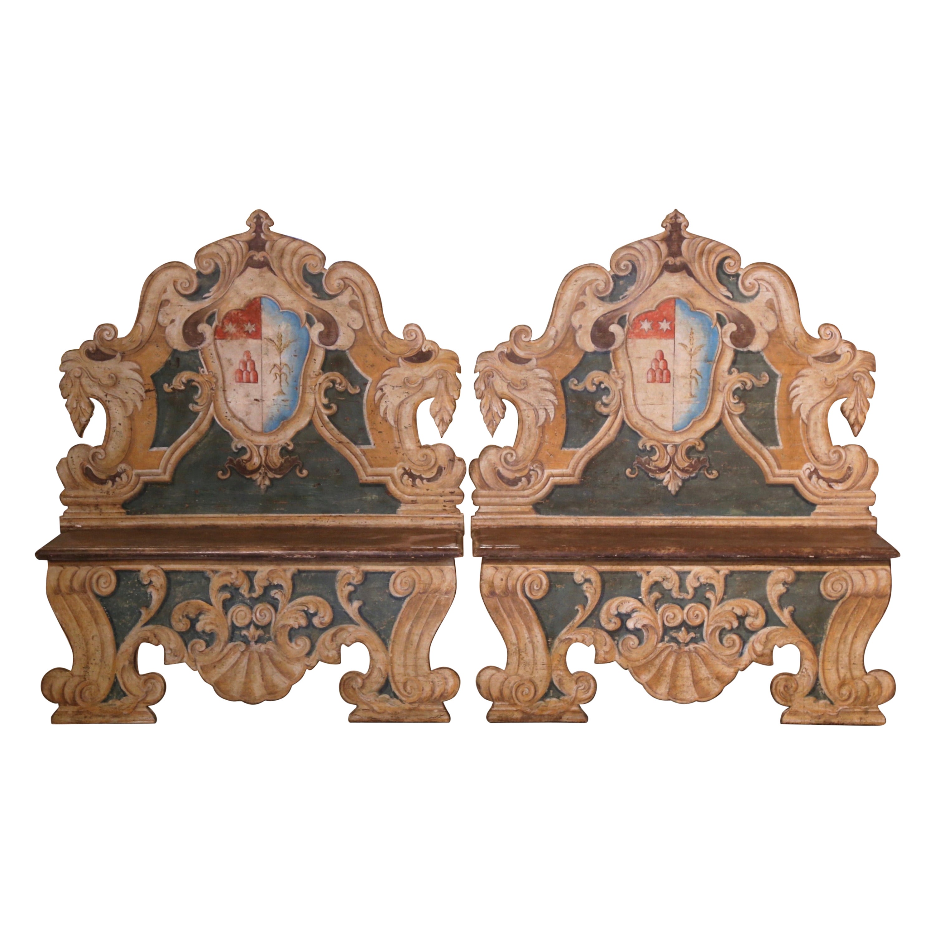 Pair of 19th Century Italian Carved and Hand-Painted Cassapanca Benches