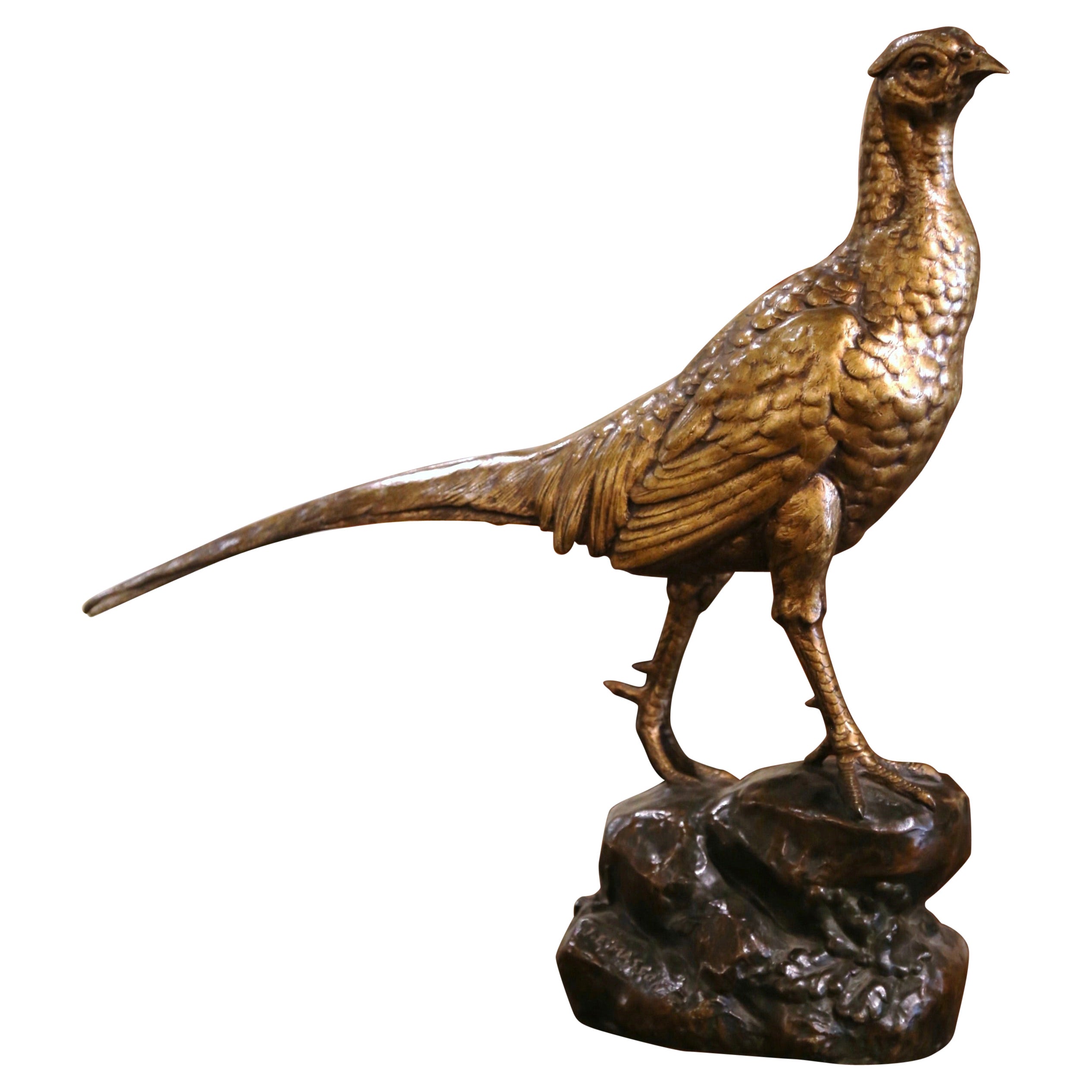 Französische Fasanenskulptur aus patinierter Bronze des 19. Jahrhunderts, signiert J.E. Masson