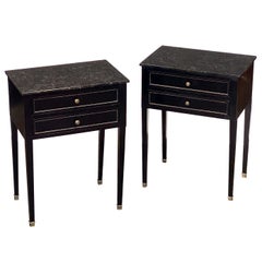 Pair of French Ebonized Nightstands or Bedside Tables with Marble Tops