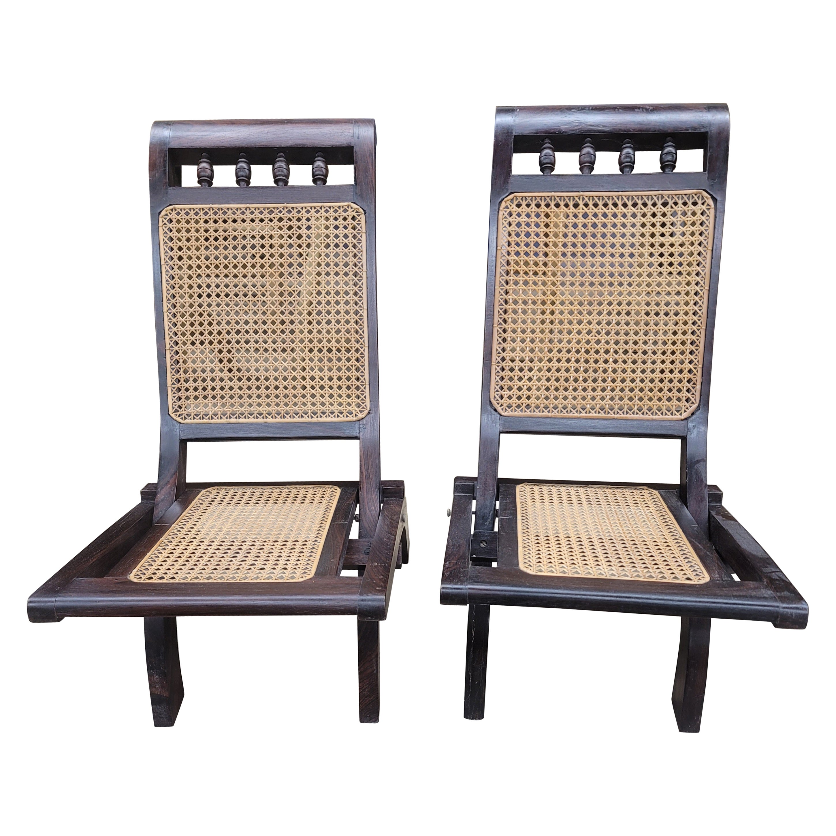 1920s Pair of Rosewood Cane Seat Folding Lounge Chairs