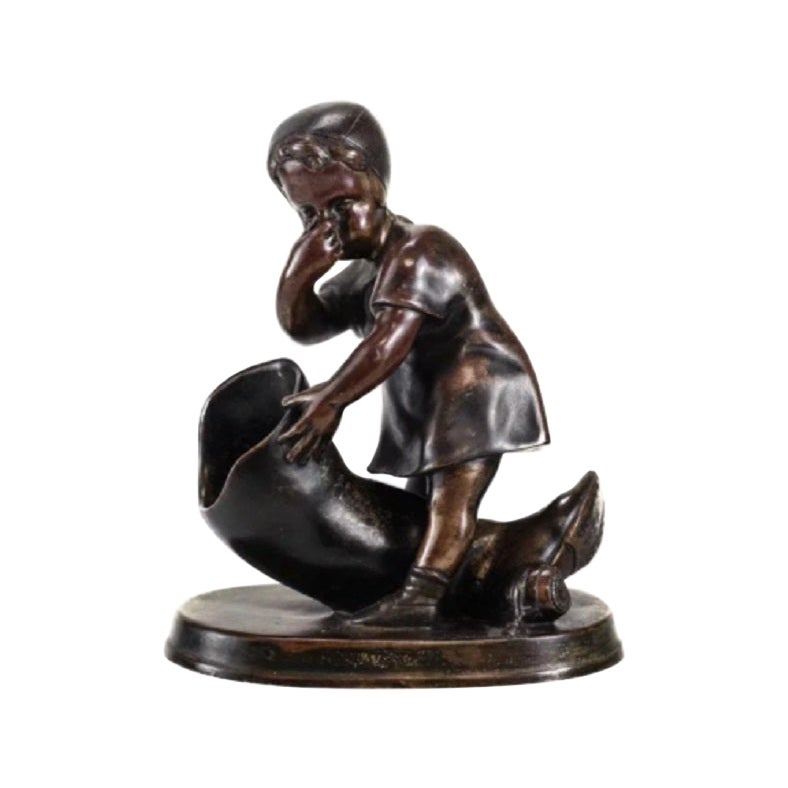Continental Patinated Bronze Figurine, Girl Smelling Boot, 19th Century For Sale