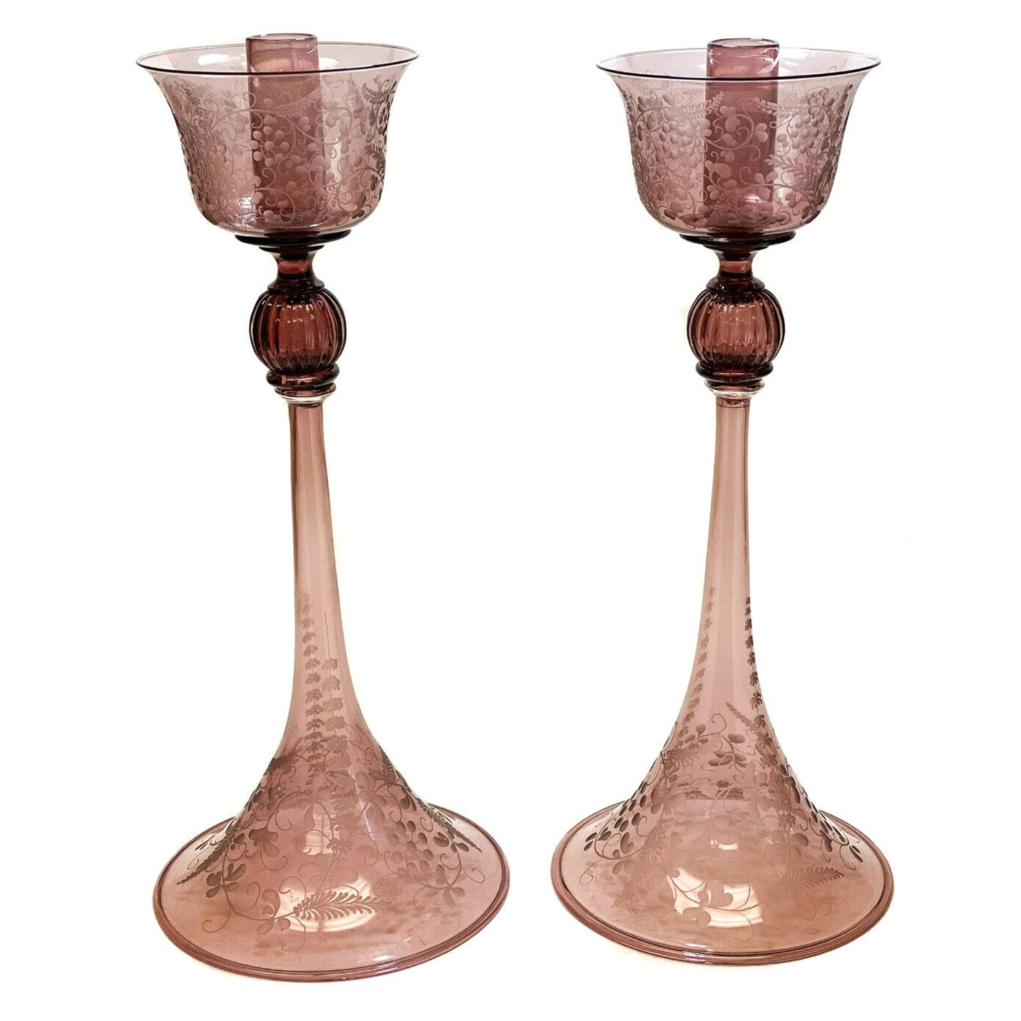 Pair of Venetian Amethyst Glass Engraved Floral Tall Candlesticks, Mid Century For Sale