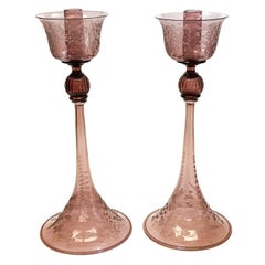 Vintage Pair of Venetian Amethyst Glass Engraved Floral Tall Candlesticks, Mid Century