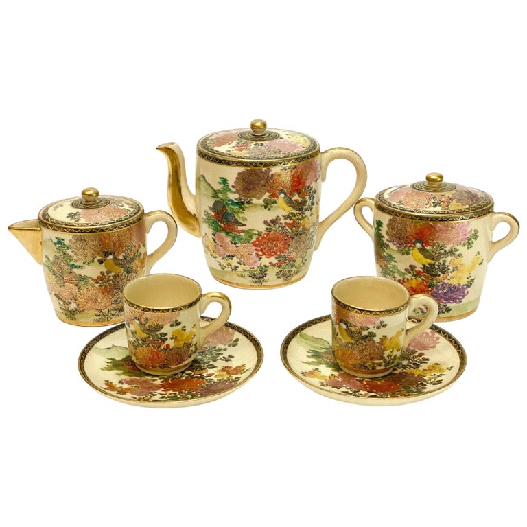 Japanese Porcelain Satsuma Hand Painted Tea Service for 2, Early 20th Cent. For Sale at 1stDibs